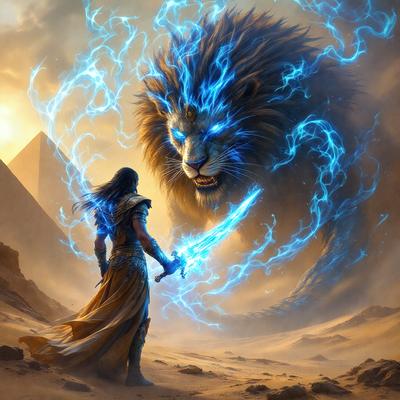 The primary subject of the image is a woman standing in front of a large lion. The lion appears to be a digital art or illustration, with its blue and yellow colors creating a striking contrast against the woman's outfit. The setting is a desert-like environment, with sand and a pyramid visible in the background. The visual style of the image is a combination of photo and digital art, creating a unique and captivating scene.